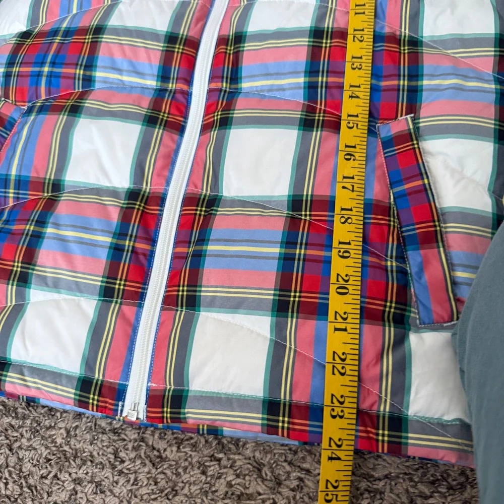 Lands End Womens Plaid Puffer‎ Vest Size Small Red Blue  Zip Front Sleeveless
